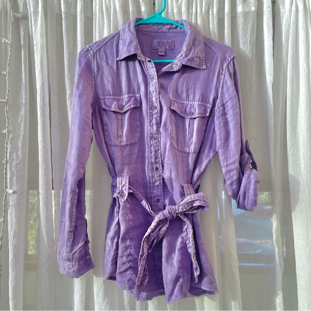 100% Linen Purple Roll Tab Belted Button Up Shirt
